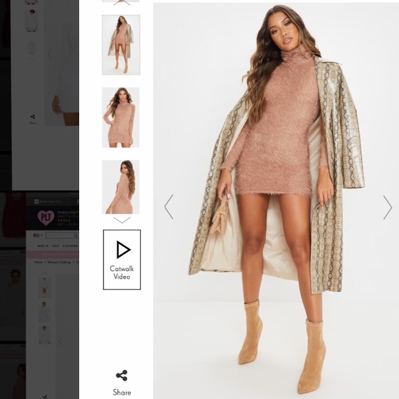 Plt CAMEL EYELASH COWL NECK BODYCON JUMPER DRESS - Picture 2 of 4